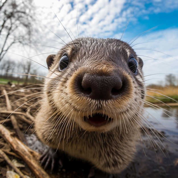 Nutria olfateando el retrato de la cara de la cámara