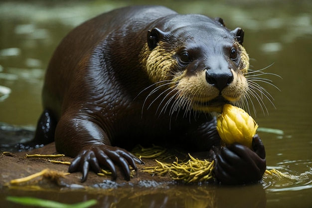 Una nutria de río gigante alimentándose en su hábitat natural en la región del Pantanal de Brasil.