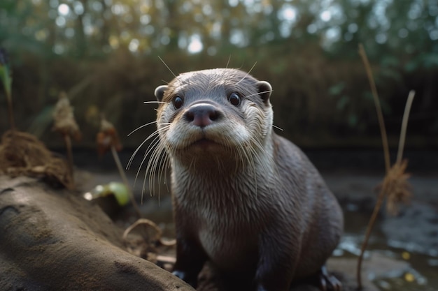 Una nutria se sienta sobre una roca en el agua.