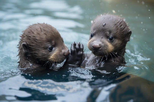 Nutrias bebé nadando jugando y tomándose de la mano en el agua creado con ai generativo