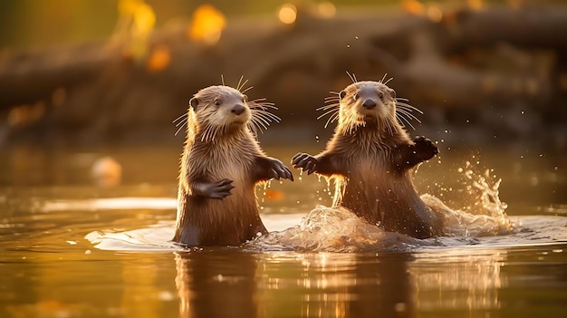 Foto nutrias jugando en el agua con las manos en el aire