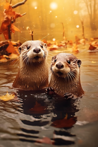 Foto las nutrias jugando en un río durante la transición del otoño al invierno