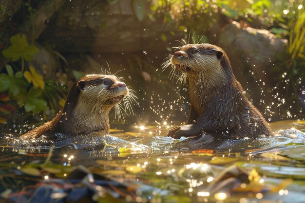 Las nutrias juguetonas bromeando en un arroyo iluminado por el sol