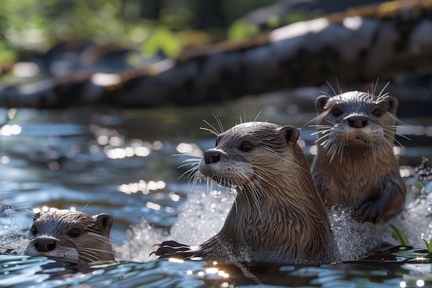 Las nutrias juguetonas se deslizan por las orillas del río.