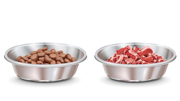 Foto nutrição completa para animais de estimação dieta variada para cães com croquetas e carne crua em tigelas brilhantes isoladas em branco