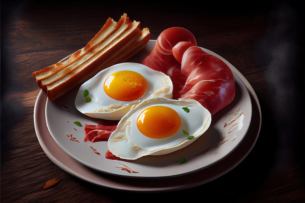 Nutrição e saborosa comida de bacon e ovos no café da manhã