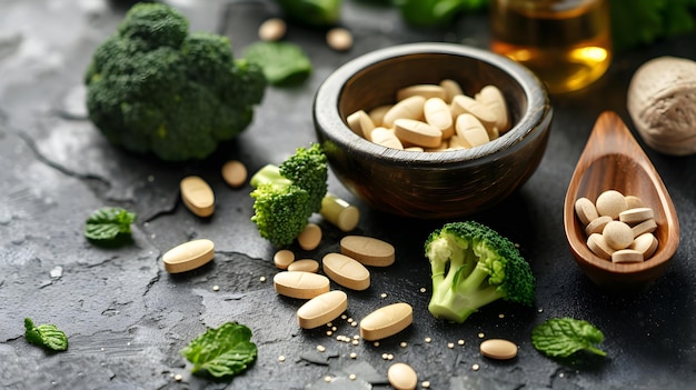 Nutrição Fatias de brócolis verde Pílulas de ervas e NutrientRich Treat