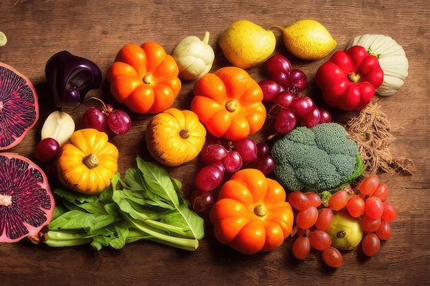 Nutrição saudável ou vegetariana fotografia de alimentos diferentes frutas e legumes na mesa de madeira