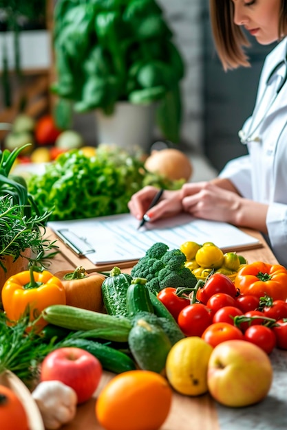 Foto nutricionista com antecedentes de vegetais foco seletivo