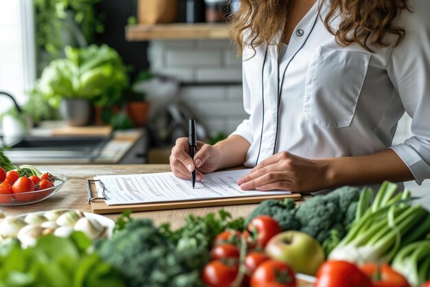 Foto nutricionista escribiendo un plan de alimentación saludable con verduras frescas