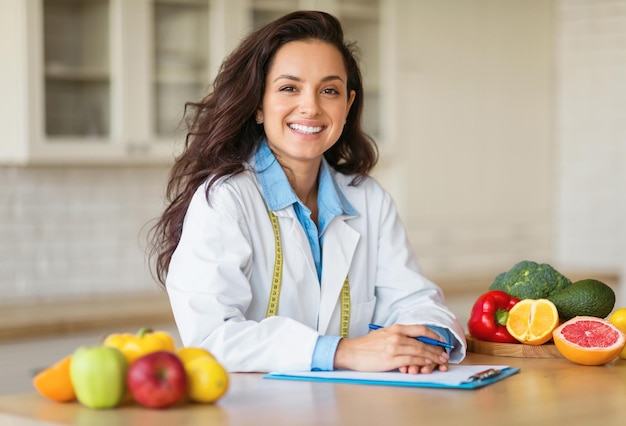 Foto nutricionista europeia alegre, médica, de jaleco branco, com frutas e legumes orgânicos em