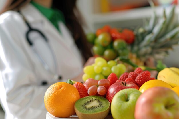 Foto nutricionista mulher doutor no seu escritório concentre-se em frutas