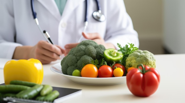 Nutricionista que consulta al paciente con frutas y verduras saludables Concepto de nutrición y dieta