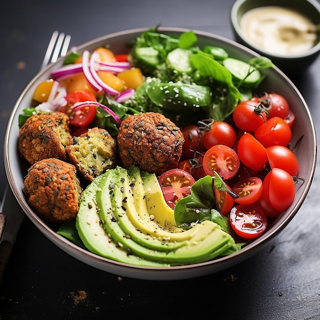 Foto nutrientpacked vegan delight lunch bowl con falafel hummus tomates y verdes