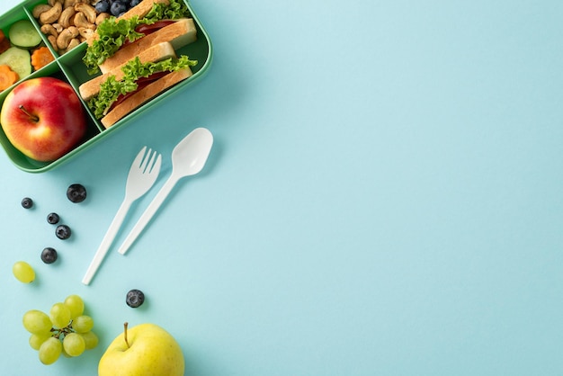 El nutritivo concepto de descanso de conferencia artísticamente representado desde arriba hacia abajo La caja de almuerzo exhibe deliciosas sándwiches frutas en un telón de fondo azul aislado perfecto para incorporar texto o anuncios
