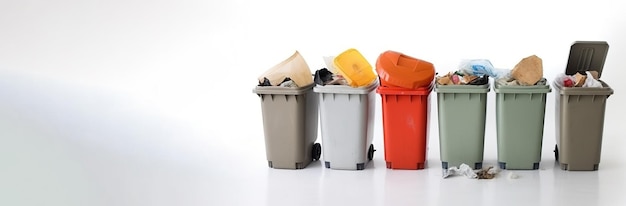 Nutzung von Müllabfällen Ökologisches Konzept der getrennten Sammlung Farbsortierbehälter weißer Hintergrund Isolierung Header-Banner-Mockup mit Kopierraum KI generiert