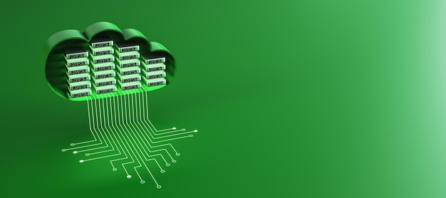 Nuvem abstrata do circuito da sala do servidor em fundo verde com local simulado Armazenamento de dados e conceito de banco de dados Renderização 3D