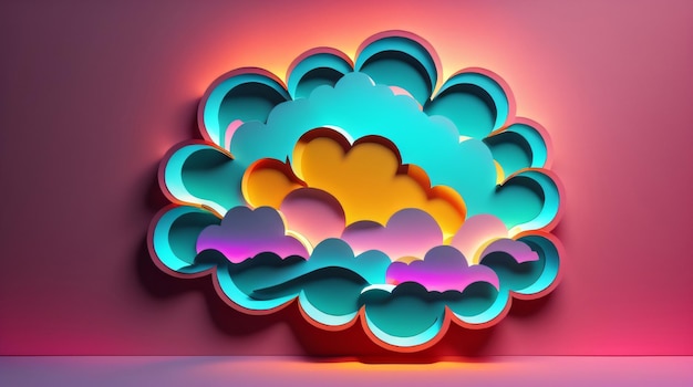 Nuvem abstrata iluminada com fundo de renderização 3d de luz neon