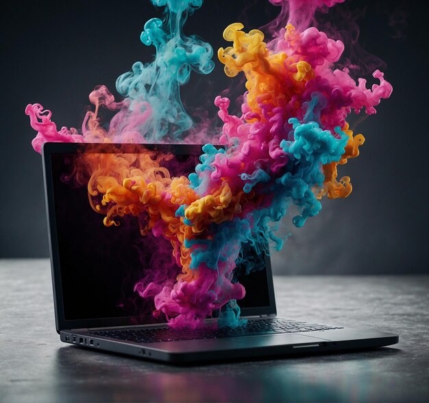 Nuvem colorida de tinta em uma tela de laptop renderização 3D