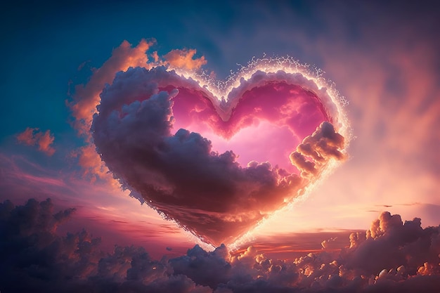 Nuvem de amor Nuvens de ar em forma de coração em um pôr do sol neon AI