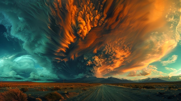 Nuvem de cinzas vulcânicas sob um céu turbulento a terra alerta de explosão