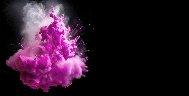 Nuvem de cor lila rosa de pólvora explodindo em um fundo preto Movimento de congelamento de pintura Holi