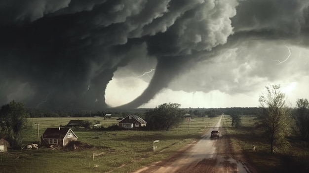 Nuvem de tornado Arafed sobre uma estrada rural com um carro dirigindo pela estrada generativa ai