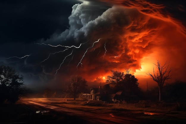 Nuvem de trovoada com relâmpagos no campo perto de casa à noite Ilustração de tempestade e tornado