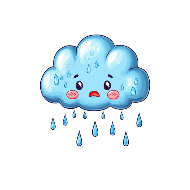 Nuvem Kawaii com gotas de chuva ilustrando emoção triste e clima