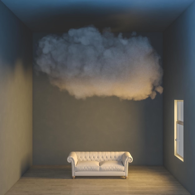 Nuvem sobre um sofá em uma sala vazia