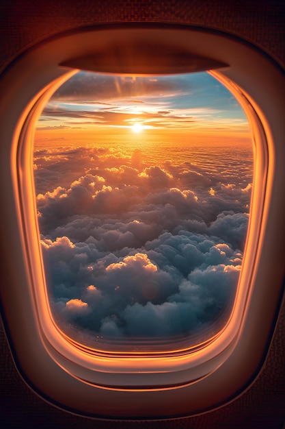 Nuvens acima da janela do avião ao pôr do sol