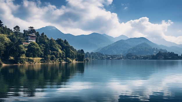 Foto nuvens acima do lago e árvores na costa ai generative