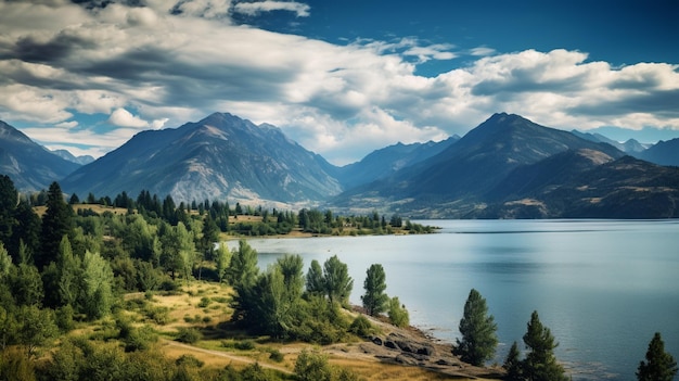 nuvens acima do lago e árvores na costa AI Generative