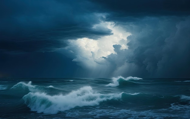 Nuvens azuis escuras e superfície da água do mar ou oceano com ondas de espuma antes da tempestade dramática
