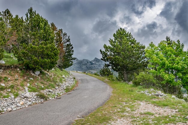 Nuvens chuvosas se aproximam do prado verde da montanha