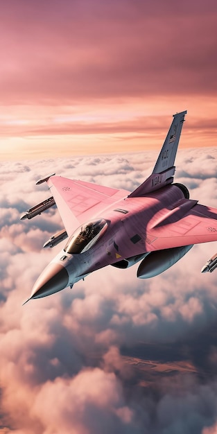 Nuvens cor-de-rosa O avião de combate está voando Bela ilustração ilustrativa IA generativa