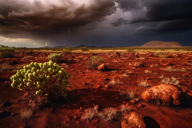 Nuvens cumulonimbus sobre a paisagem enferrujada de Marte vermelho durante a terraformação do planeta Generative AI