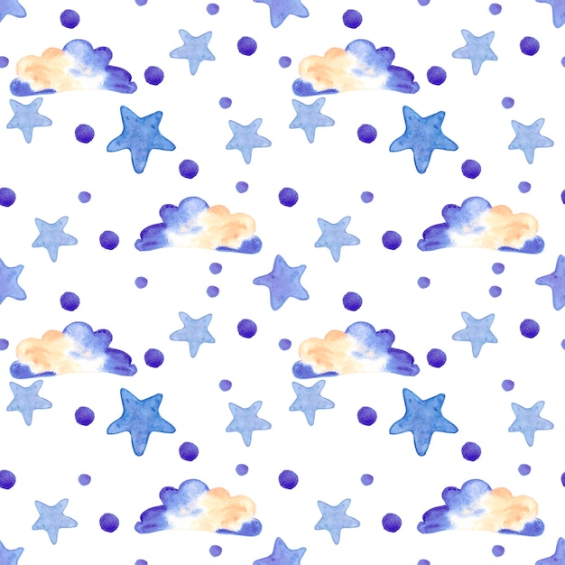 Nuvens de aquarela desenhadas à mão e estrelas sem costura padrão tipografia de design têxtil infantil