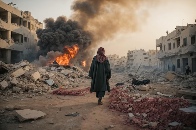 Foto nuvens de fumaça da guerra entre palestina e israel sobem sobre o homem destruído de gaza que caminhava na cidade danificada