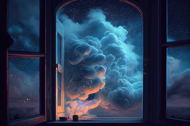 Nuvens de fumaça da janela com vislumbre do céu noturno estrelado ao fundo