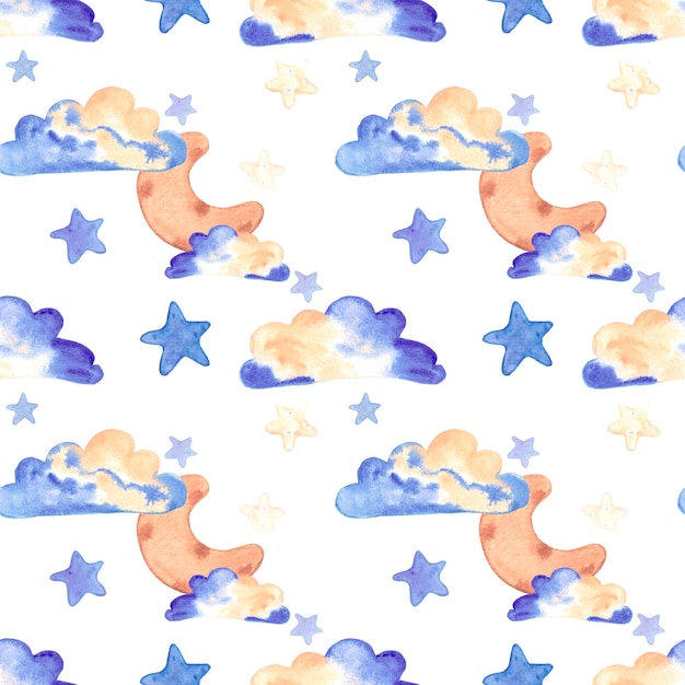 Nuvens de lua em aquarela desenhadas à mão e estrelas sem costura padrão têxtil infantil Scrapbook design