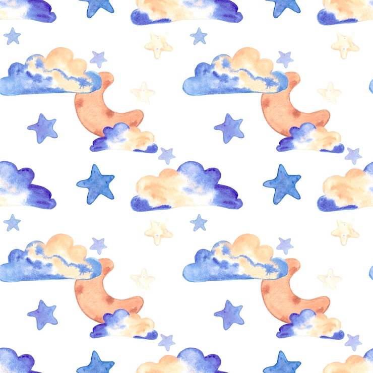 Foto nuvens de lua em aquarela desenhadas à mão e estrelas sem costura padrão têxtil infantil scrapbook design