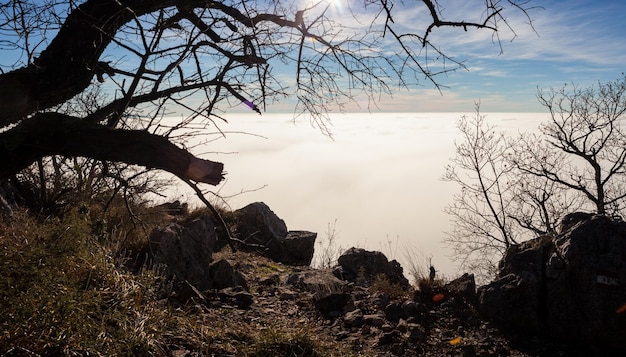 Nuvens derivam entre falésias rochosas Trieste