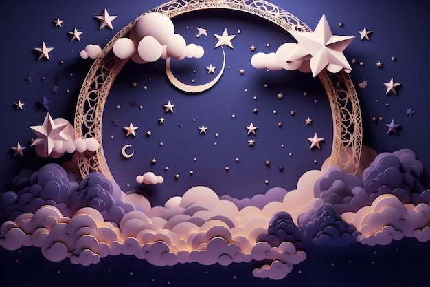 Nuvens do céu noturno quadro redondo com estrelas em corda em estilo de corte de papel cortar fundo 3D com viola