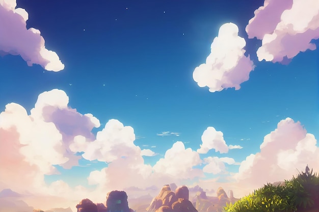 Nuvens dramáticas em um belo jardim de natureza rural uma ilustração em um fundo de anime