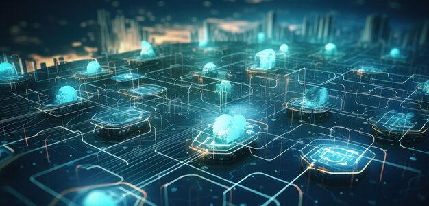 Nuvens e armazenamento de conexões de circuito e conceito de tecnologia IA generativa