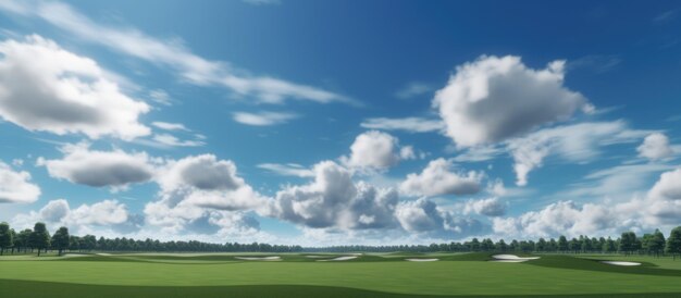 Foto nuvens e céu azul sobre um campo de golfe verde em um dia ensolarado