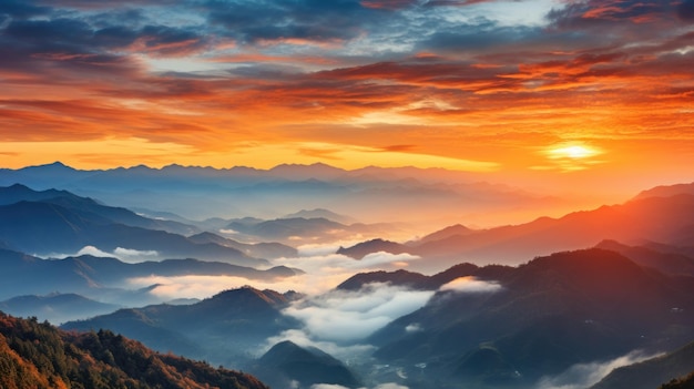 Nuvens e montanhas veem o pôr do sol IA generativa