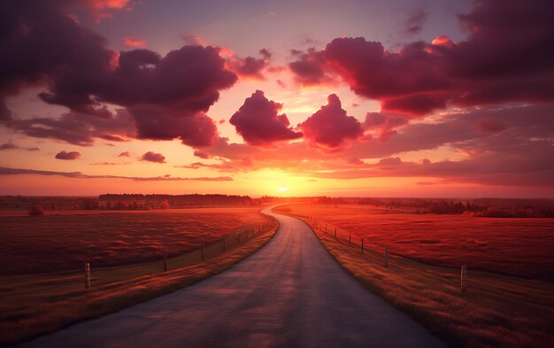 Nuvens em forma de coração vermelho ao pôr do sol Bela paisagem