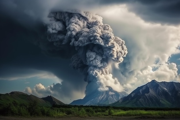 Nuvens enormes da erupção da montanha Shiveluch em Kamchatka Generative AI